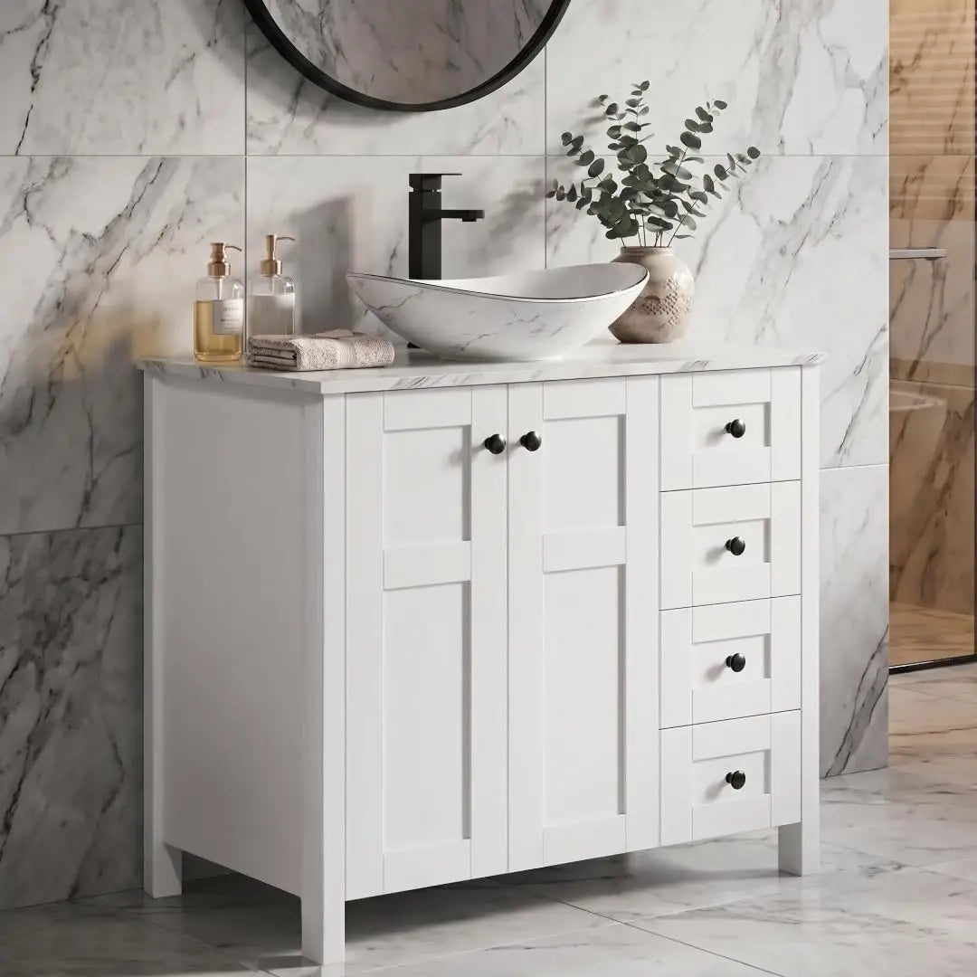 Minimalist Bathroom Vanity With Marble Texture And Ceramic Sink