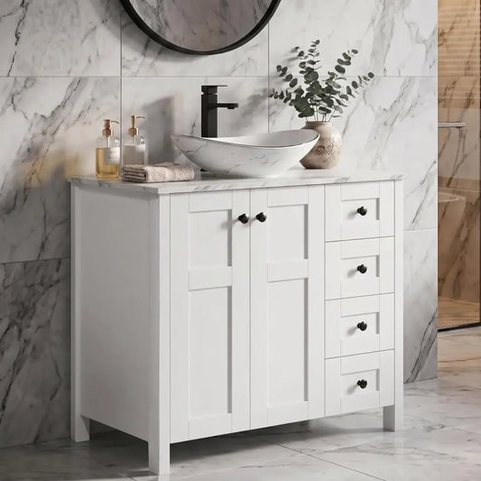 Minimalist Bathroom Vanity With Marble Texture And Ceramic Sink