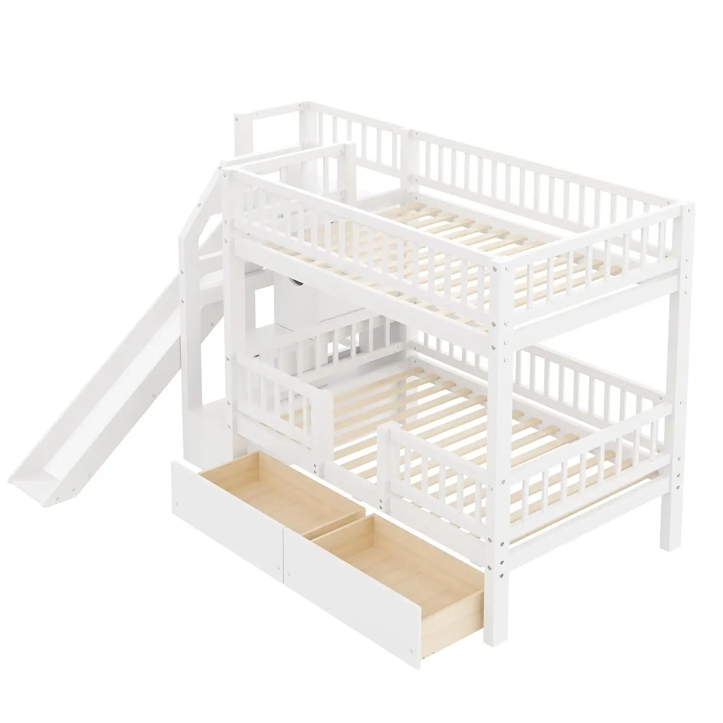 Twin Over Twin Bunk Bed With Slide Storage Drawers Staircase
