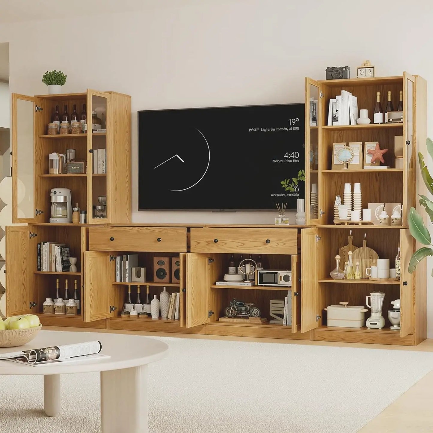 Wood TV Stand Media Console With Glass Doors And Drawers