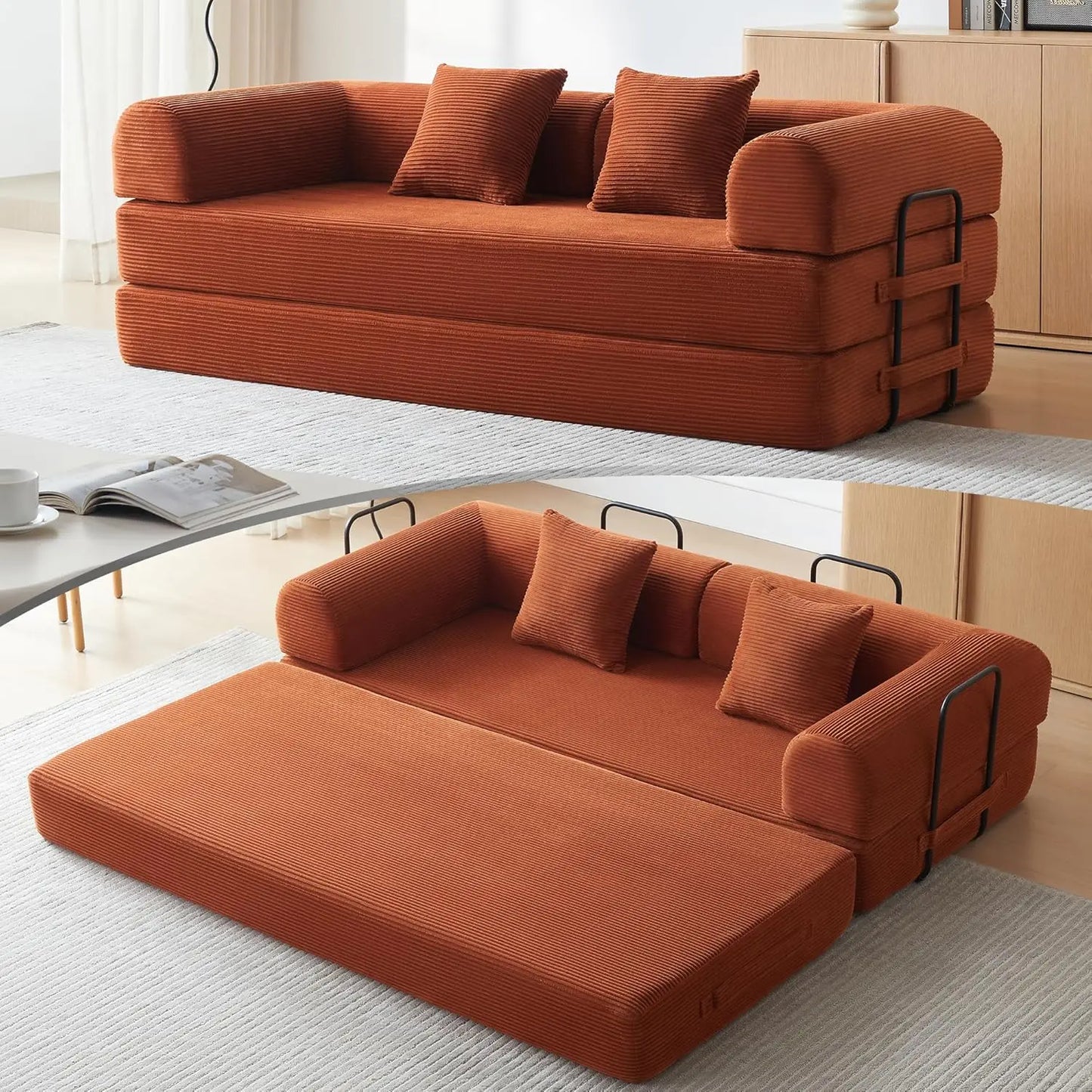 OIMG Corduroy Sleeper Sofa Bed With Fixed Frame And Mattress