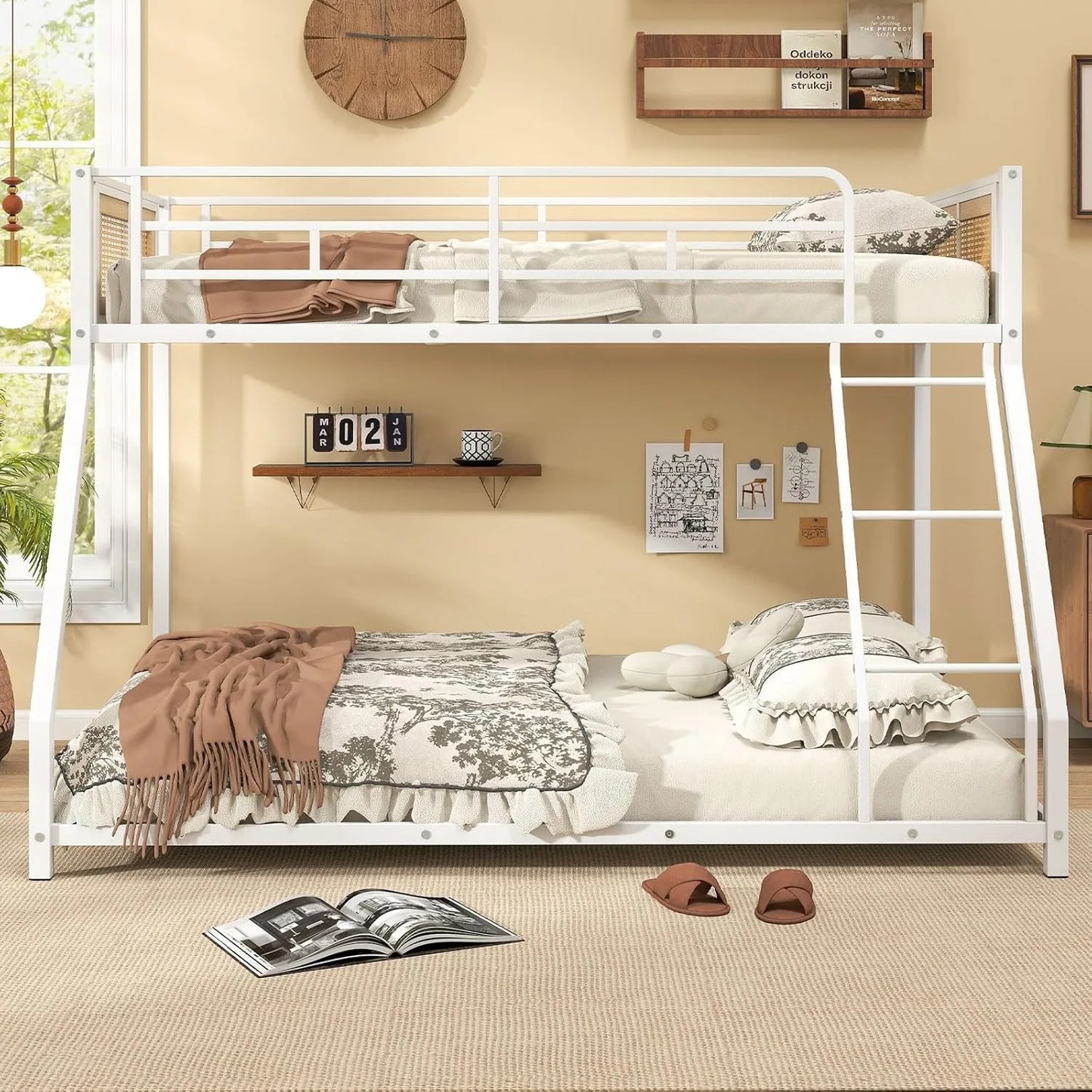 Metal Bunk Bed With Ladder And Guardrails Boho Rattan Style
