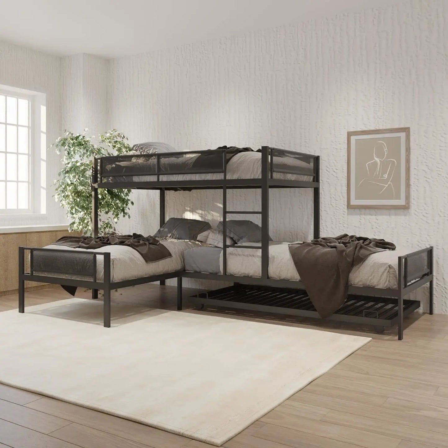 L Shaped Triple Bunk Bed With Trundle Metal Quad Bunks
