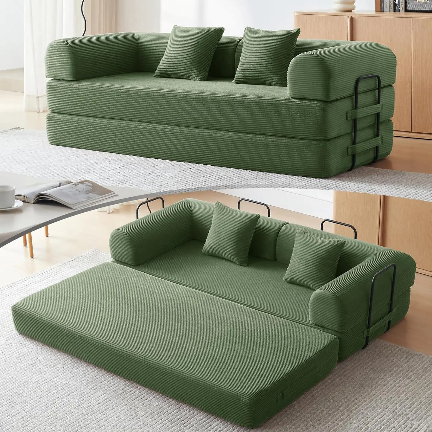 OIMG Corduroy Sleeper Sofa Bed With Fixed Frame And Mattress
