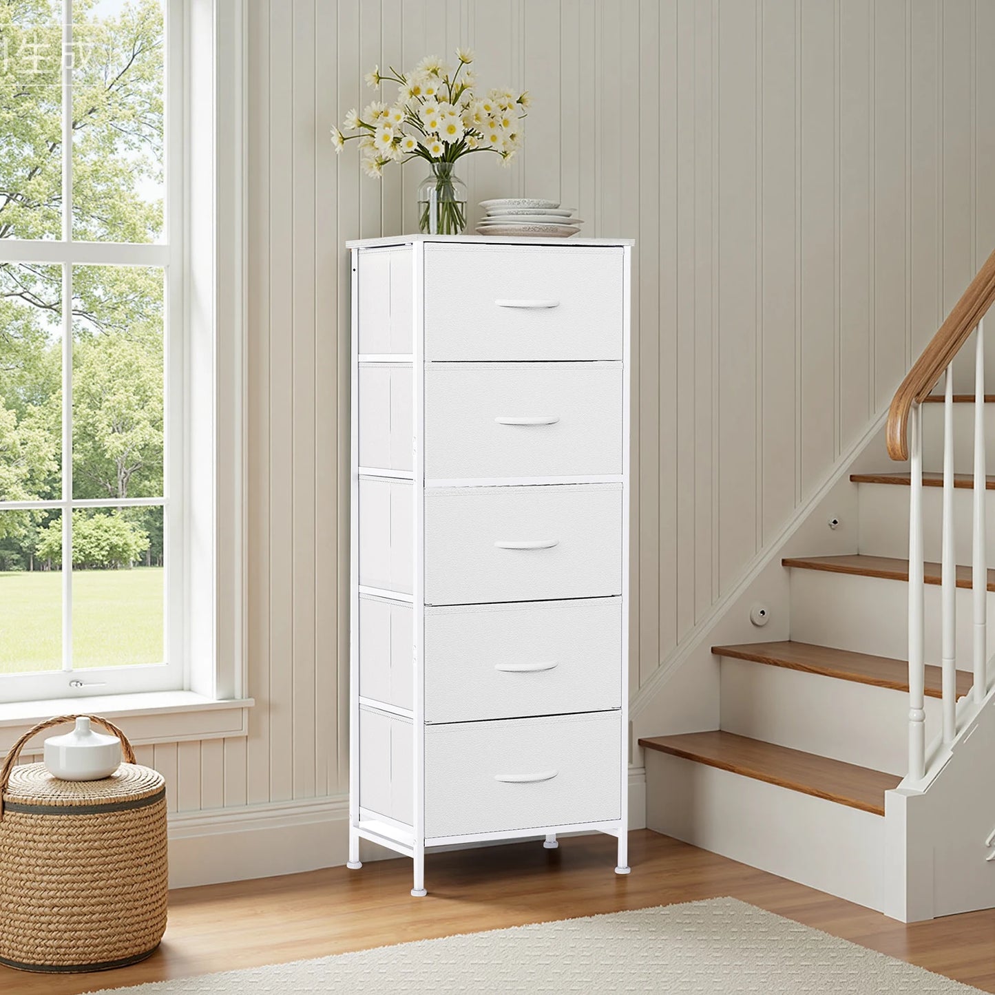 JHK Five Drawer Fabric Dresser With Steel Frame Closet