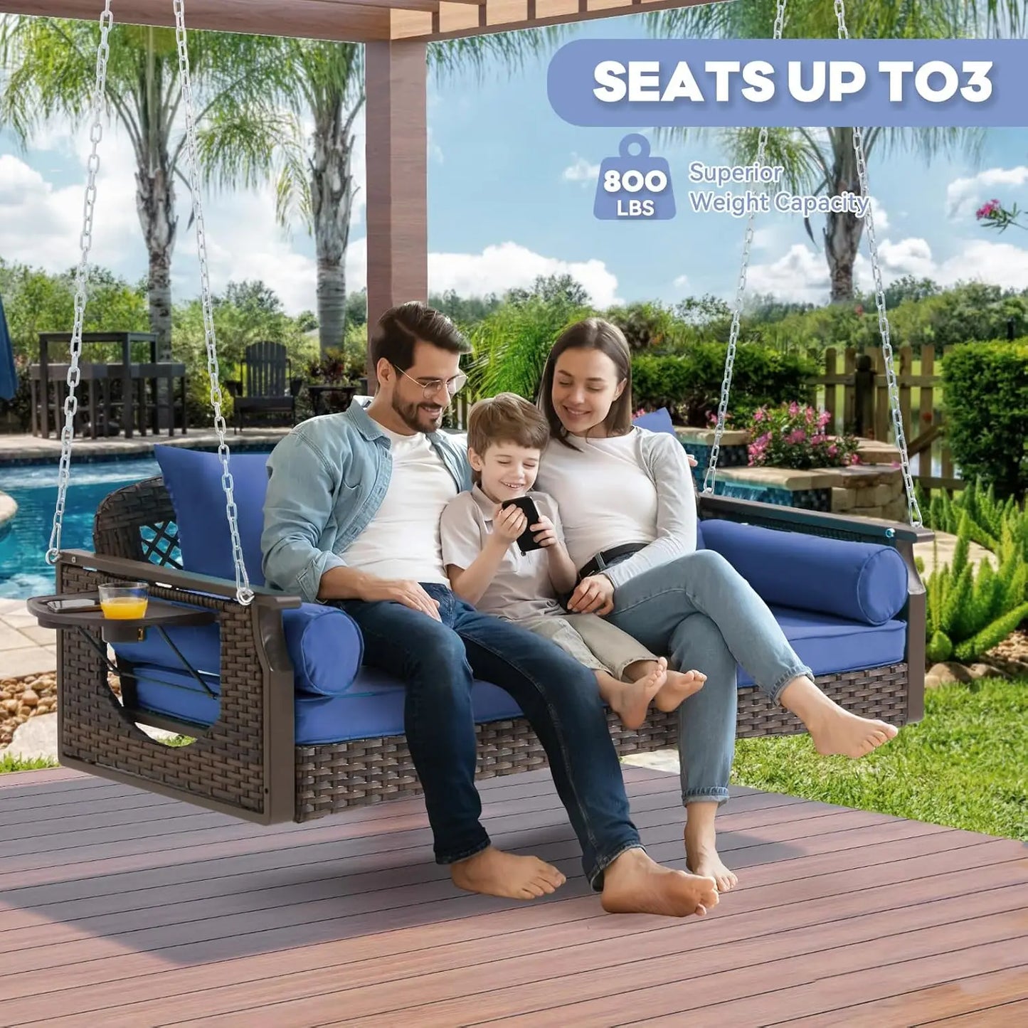 Rattan Porch Swing 3 Seat With Cup Holders And Cushions