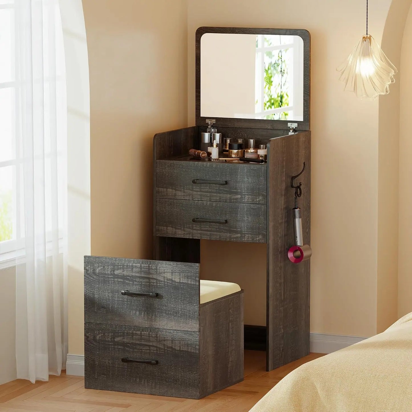 3-in-1 Vanity Desk With Flip Mirror Glass Desktop Premium