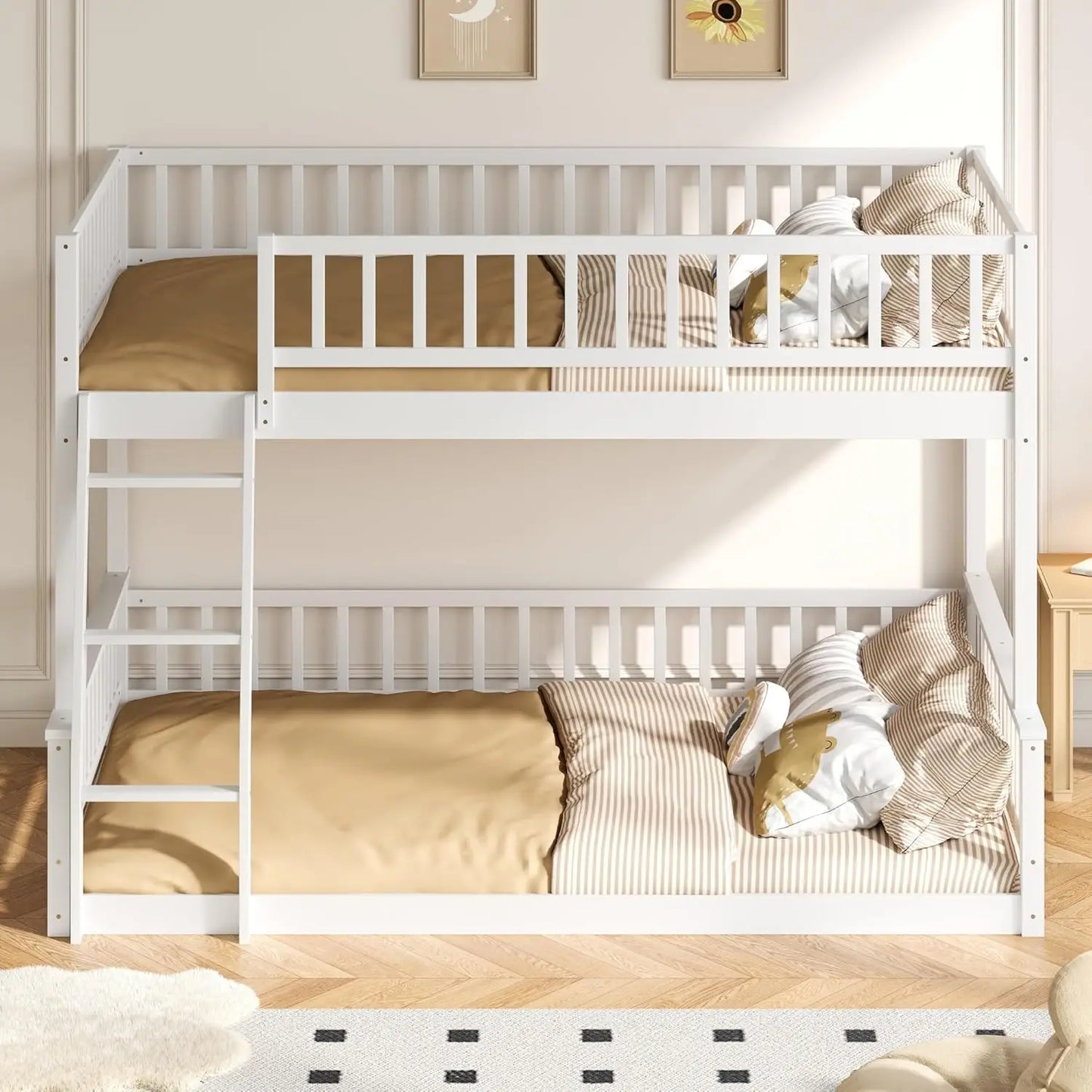 Floor Bunk Bed For Kids With Sturdy Ladder And Guardrail