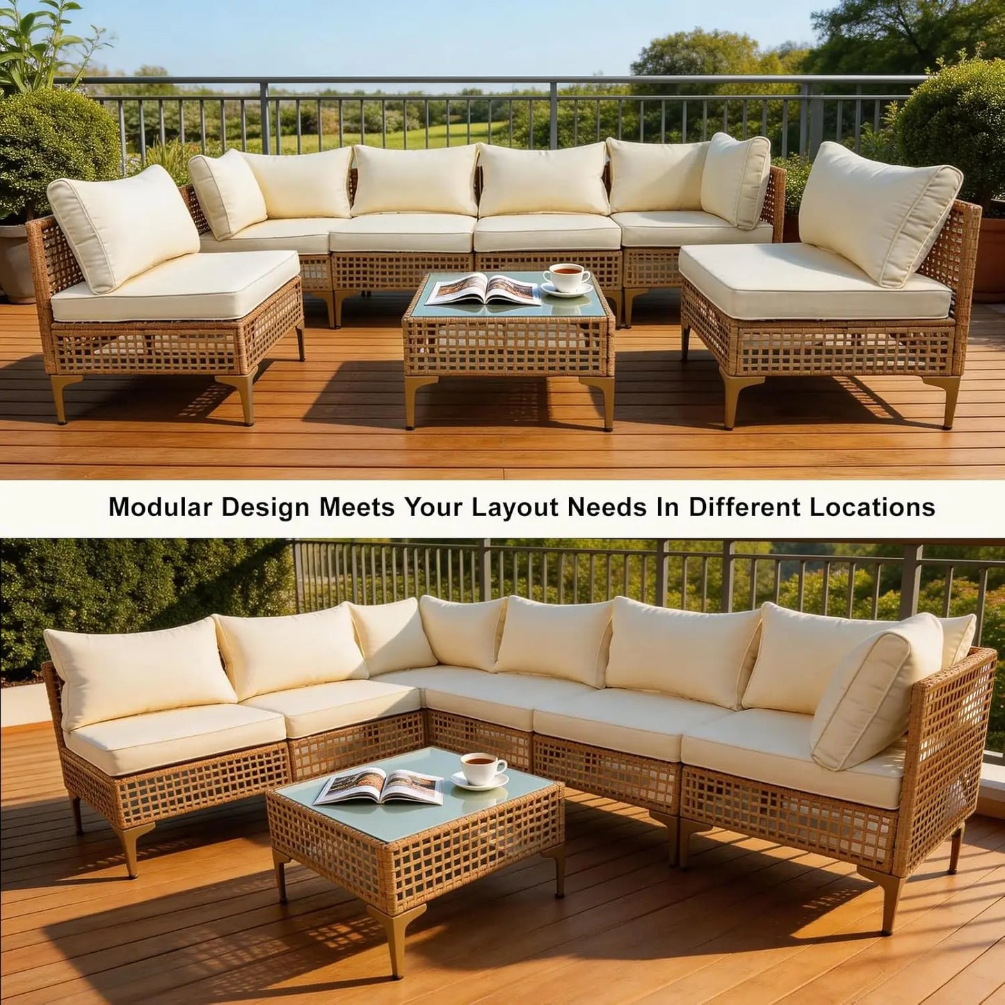 Patio Wicker Sectional Sofa Coffee Table Set With Thick Cushions