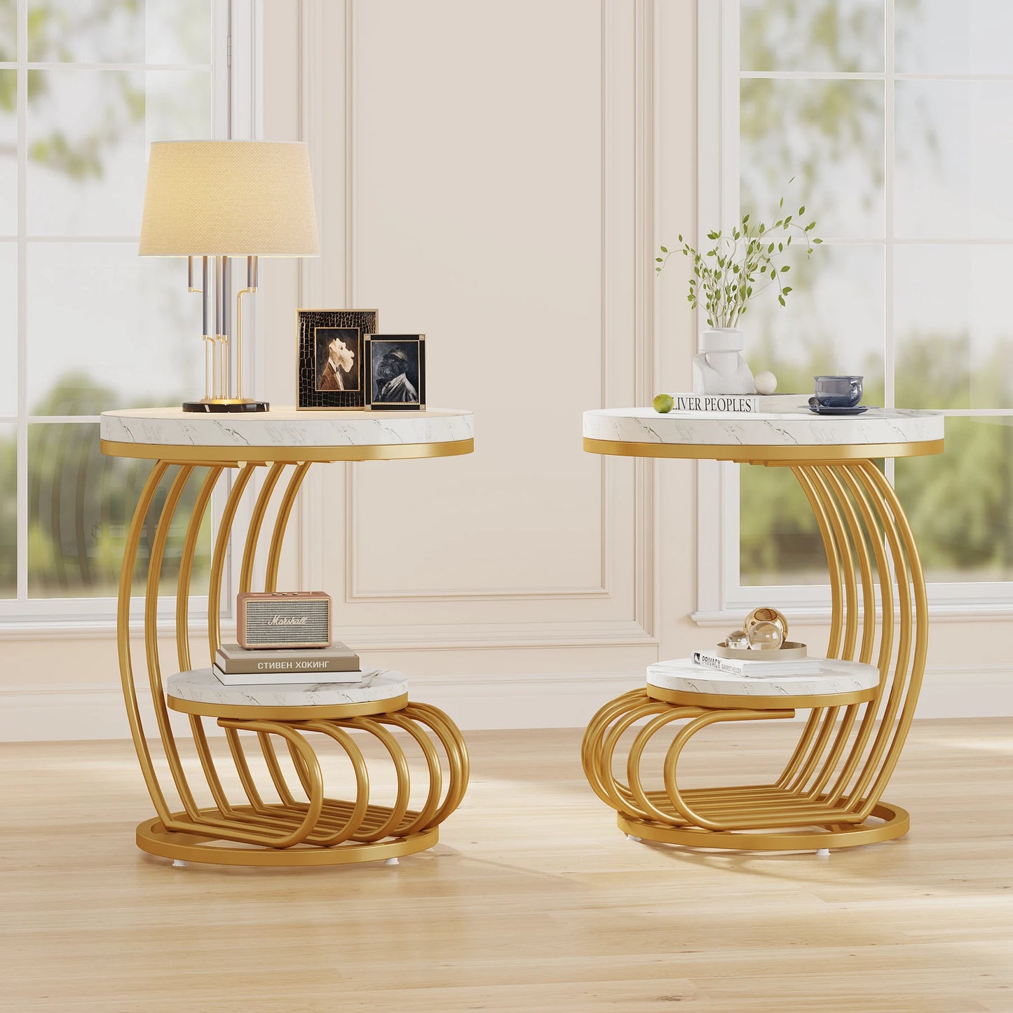 Tribesigns Round End Table 2 Tiers Faux Marble Shelf