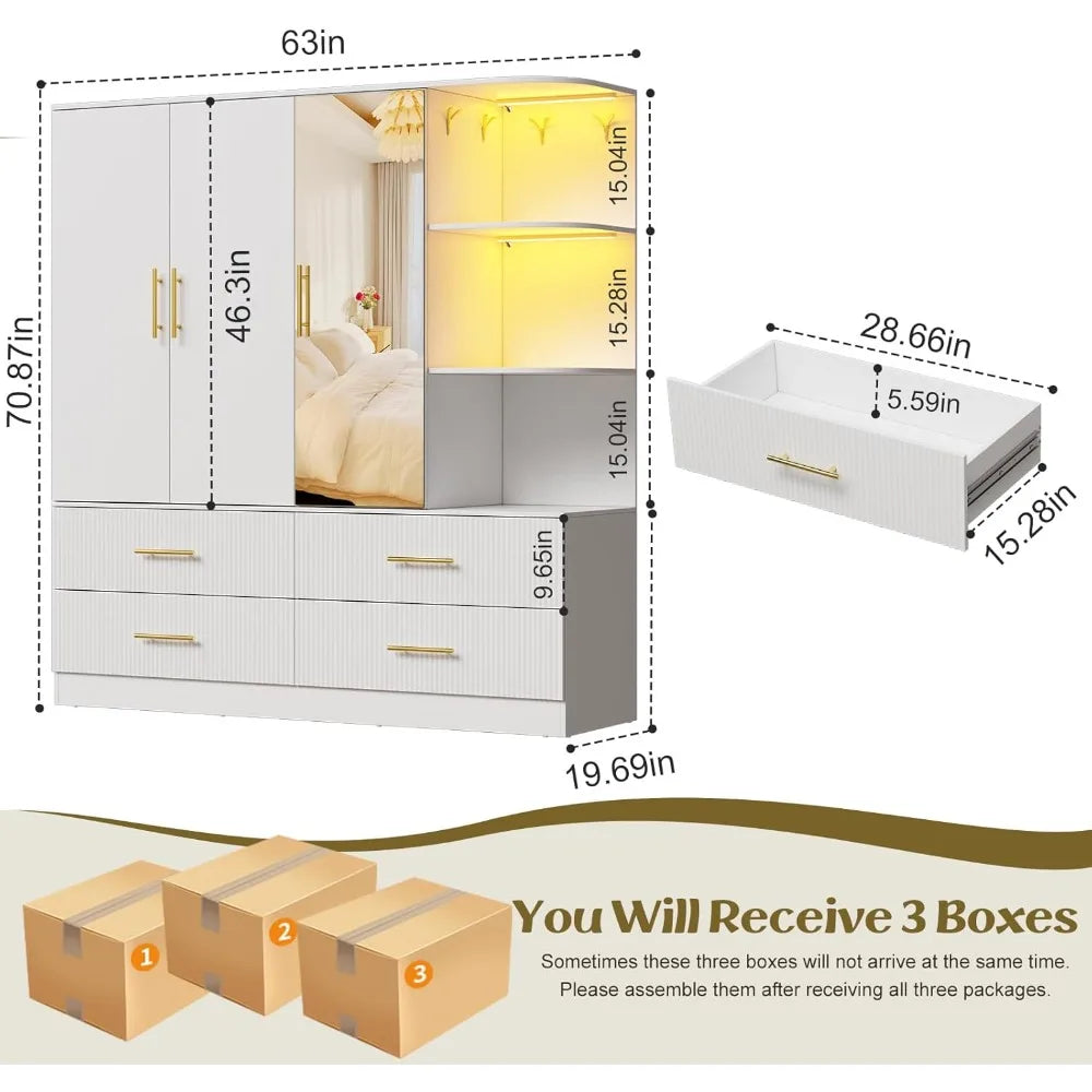 Armoire Wardrobe With Drawers Mirror LED Light Hanging Rod