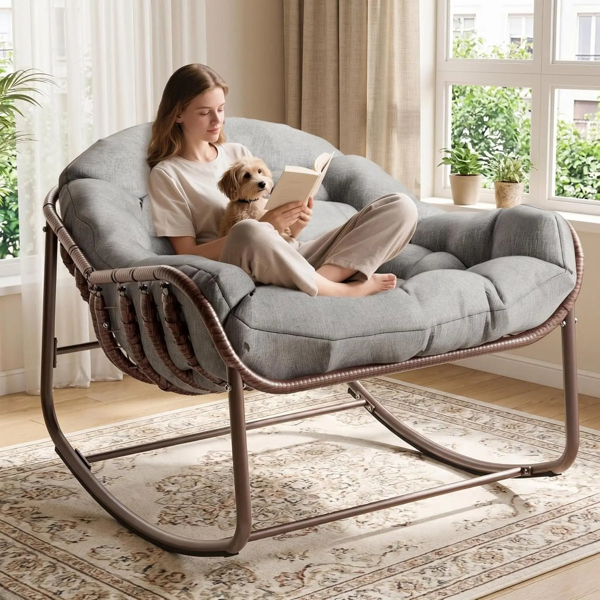 Oversized Outdoor Papasan Egg Rocking Chair Heavy-Duty Frame 300 Lb | Wicker Lounge Patio Rocker with UV-Resistant Cushion Indoor/Outdoor for Porch & Garden