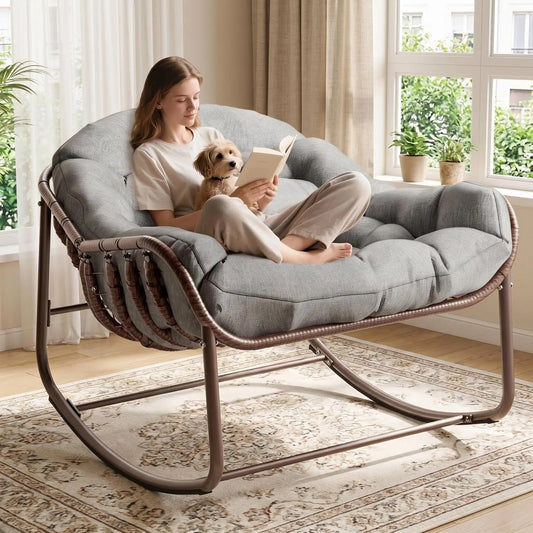 Oversized Outdoor Papasan Egg Rocking Chair Heavy-Duty Frame 300 Lb | Wicker Lounge Patio Rocker with UV-Resistant Cushion Indoor/Outdoor for Porch & Garden
