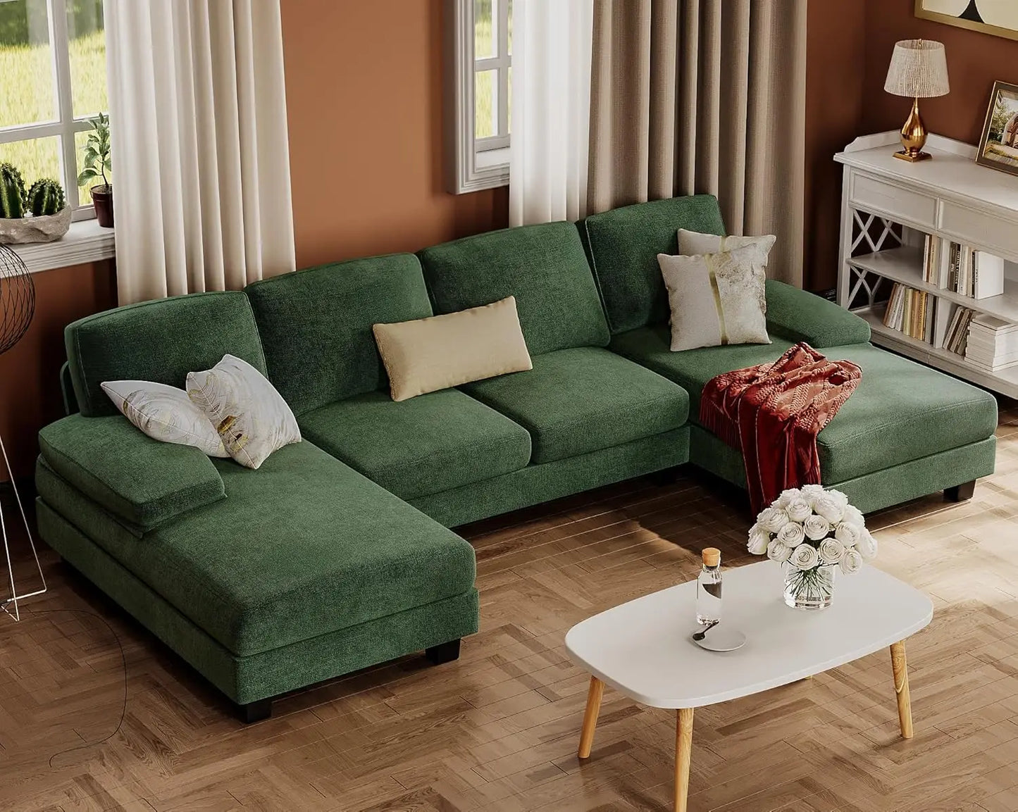 Combination U Shaped Sectional Sofa Linen Fabric Chaise 4 Seat