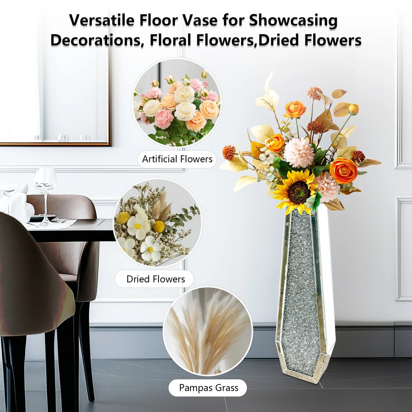 Floor Mirrored Vase Crushed Diamond Glass Tall Home Decor