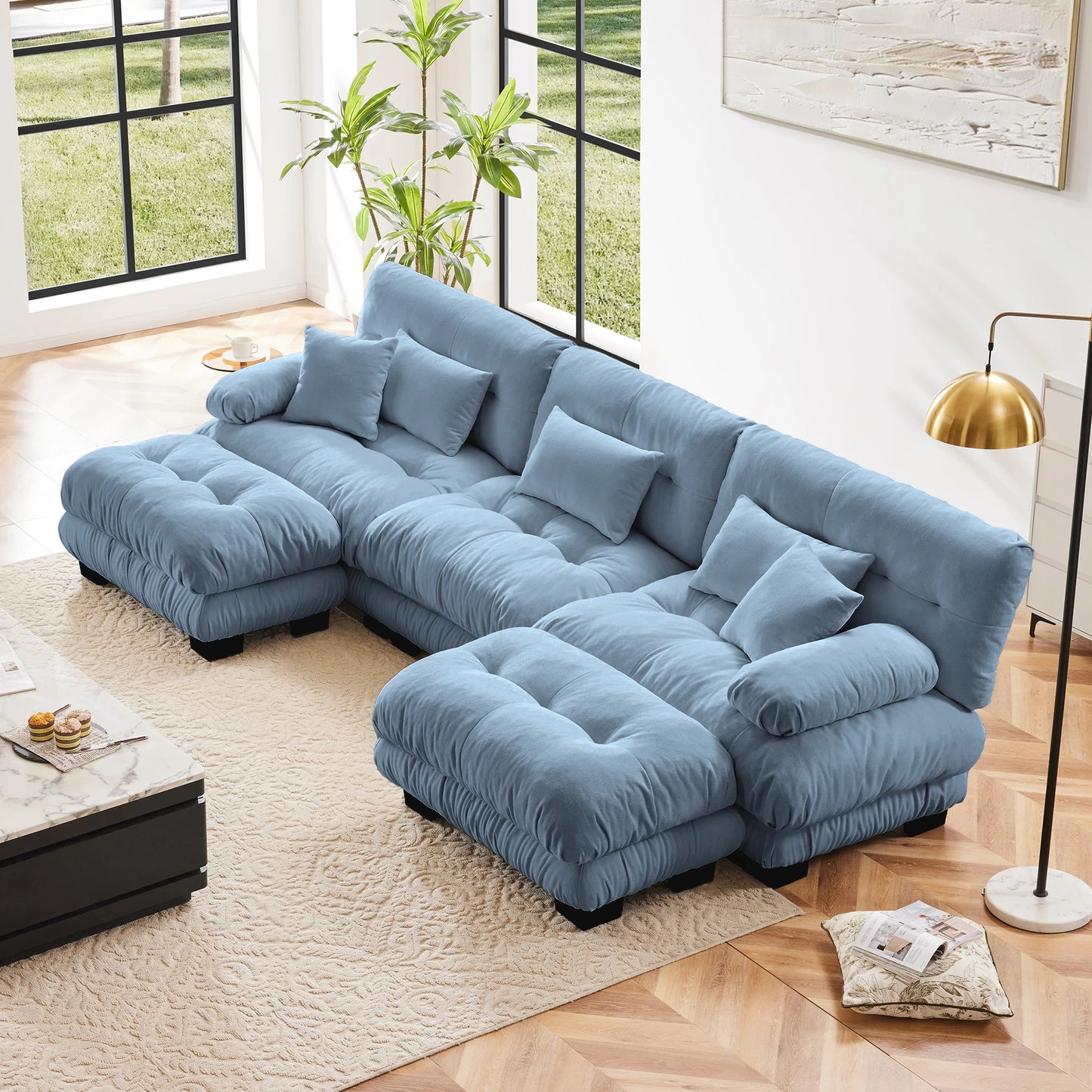 Chenille Modular Sectional Sofa Couch With Ottomans