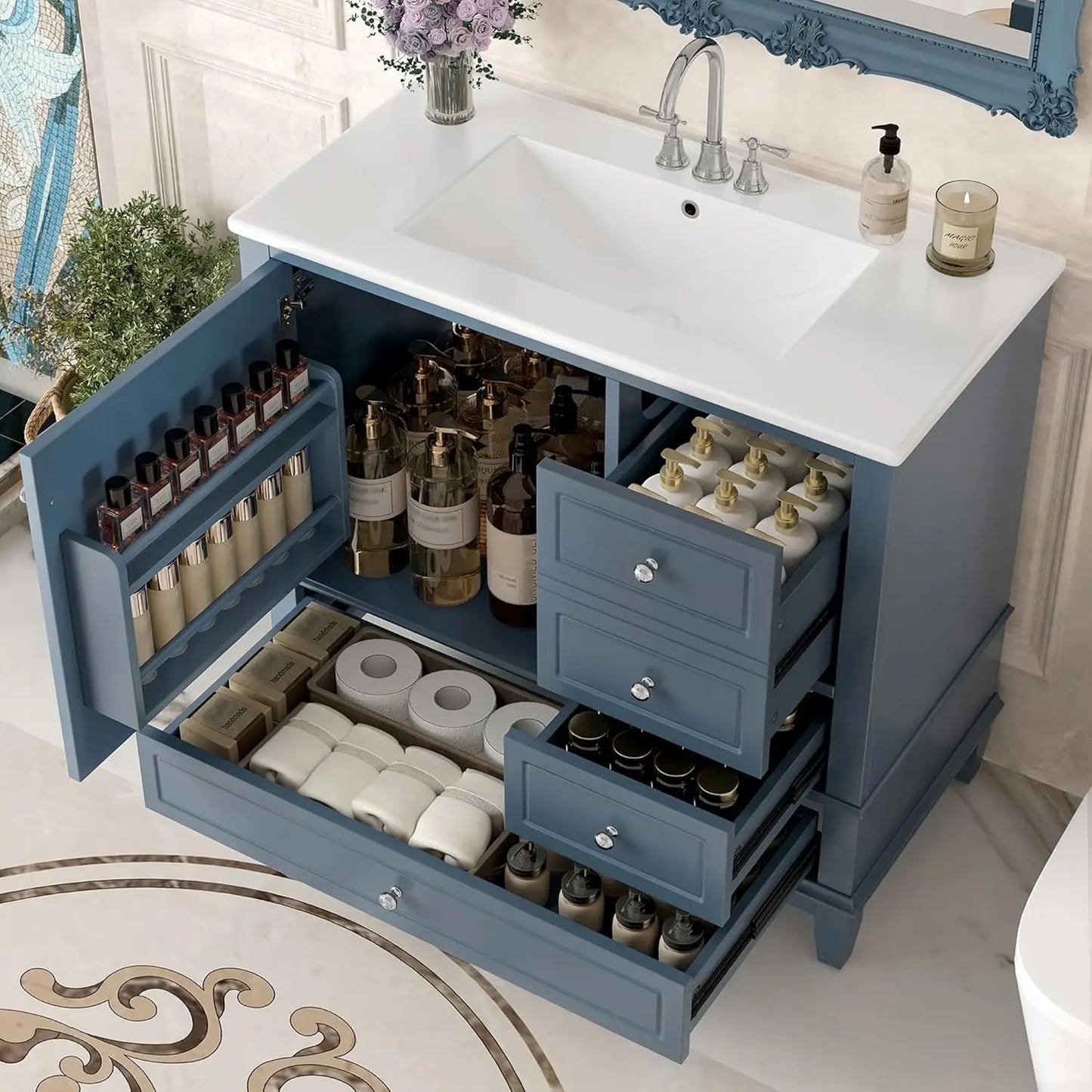 Wooden Bathroom Vanity With Ceramic Basin And Ample Storage Cabinets