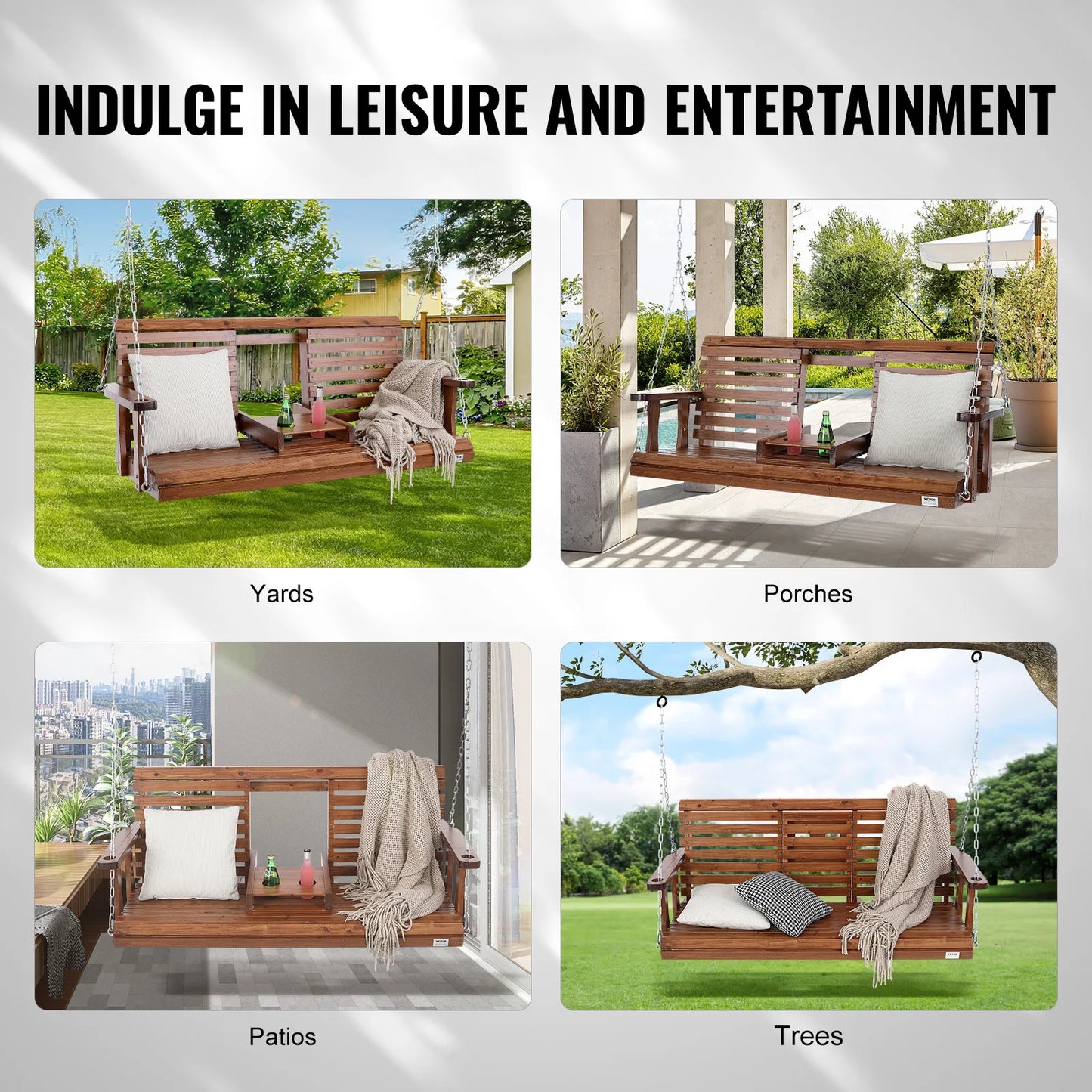 SucceBuy Wooden Porch Swing Outdoor Patio Bench Garden 880 Lbs