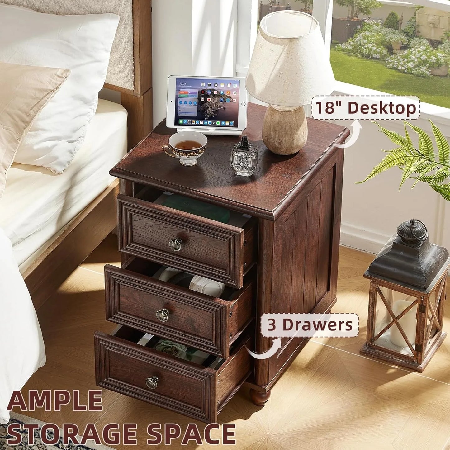 Walnut Farmhouse Nightstands With 3 Drawers Bedside Tables