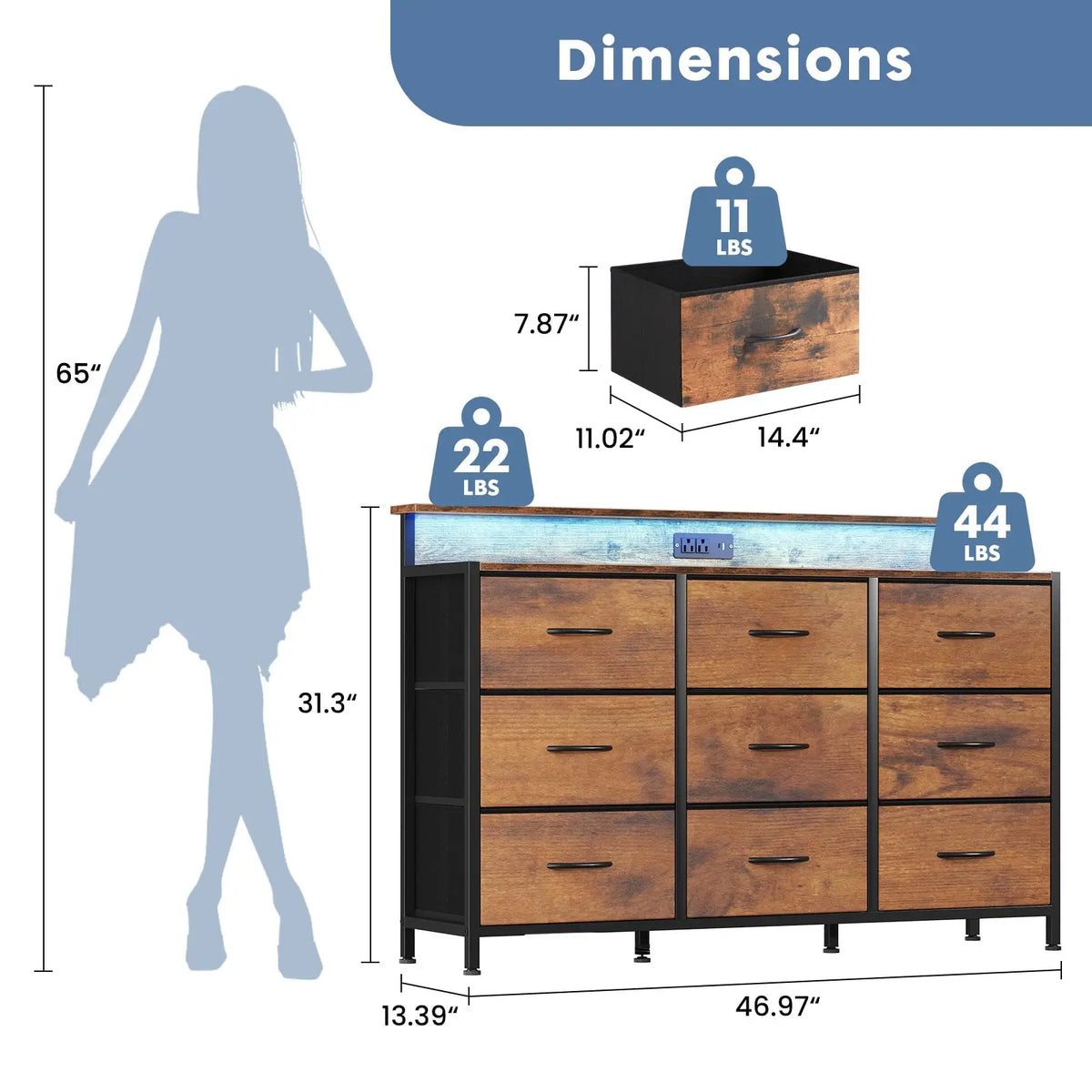 JHK Modern Media Console With Fabric Drawers And Wood Top