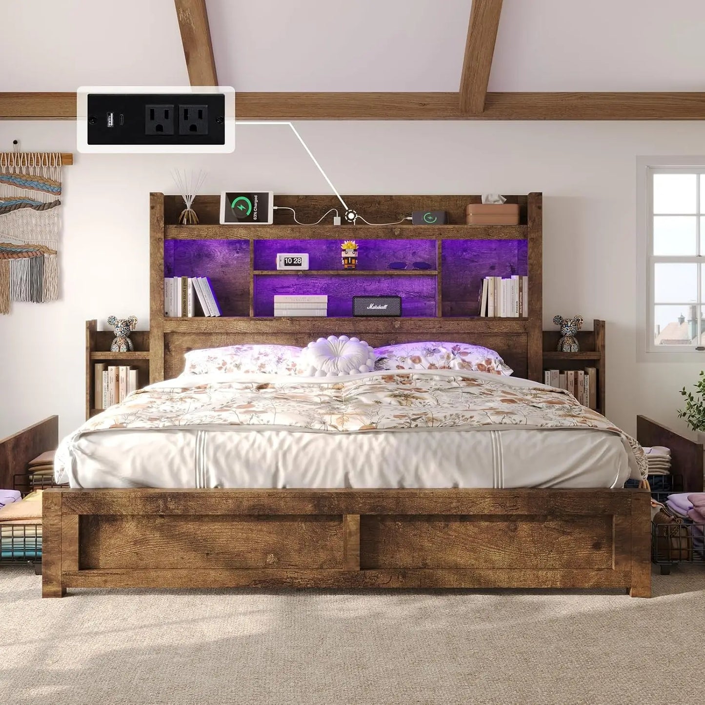 Bed Frame With Bookcase Headboard And Farmhouse Wood Storage Drawers