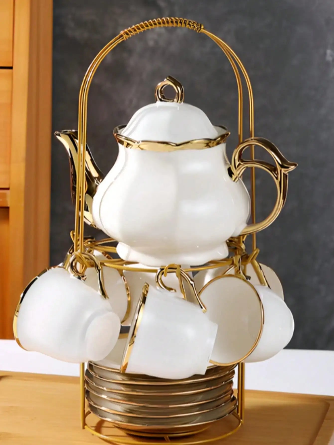 Porcelain Tea Set With Metal Holder And Gold Floral Pattern