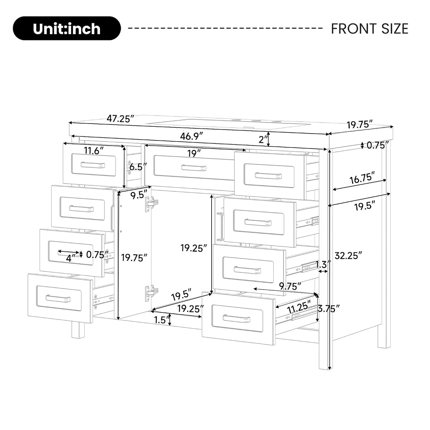Modern Vanity Sink Cabinet With 2 Doors And 8 Drawers