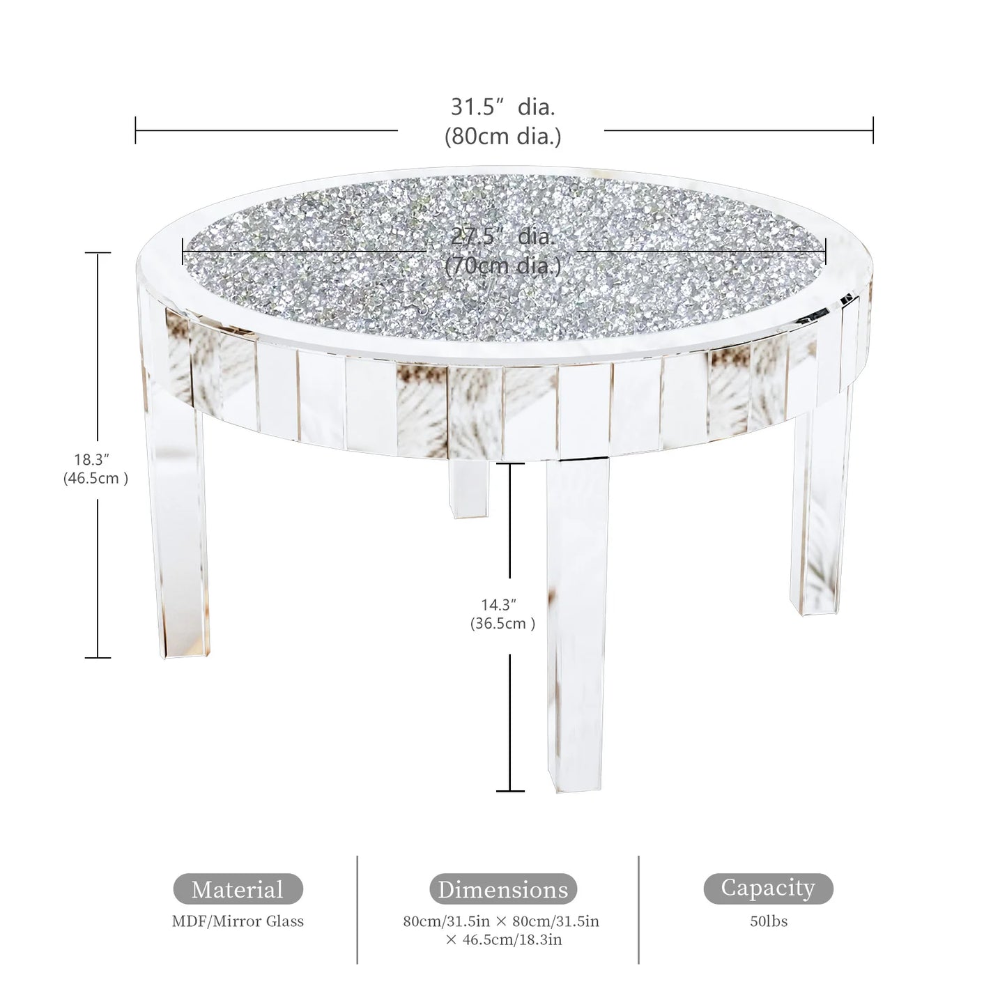 Mirrored Coffee Table With Crystal Inlay Modern Round Living Room
