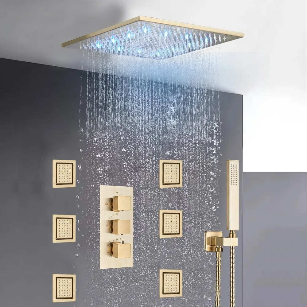 Thermostatic Shower Faucet System With Body Jets LED Rain Head