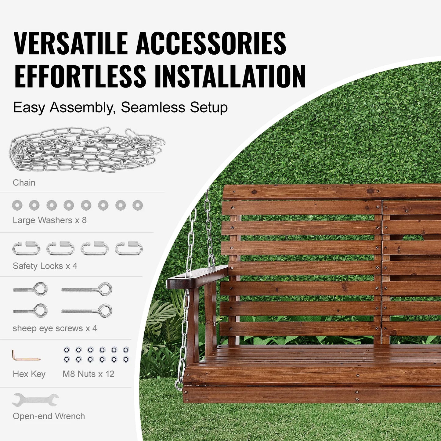 SucceBuy Wooden Porch Swing Outdoor Patio Bench Garden 880 Lbs
