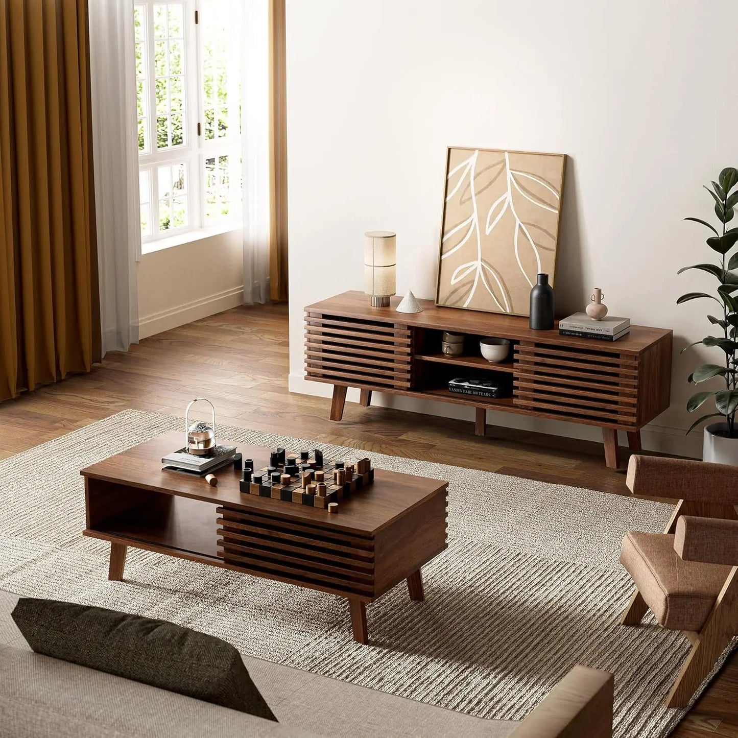 MOYU Mid Century Coffee Table With Storage And Sliding Door