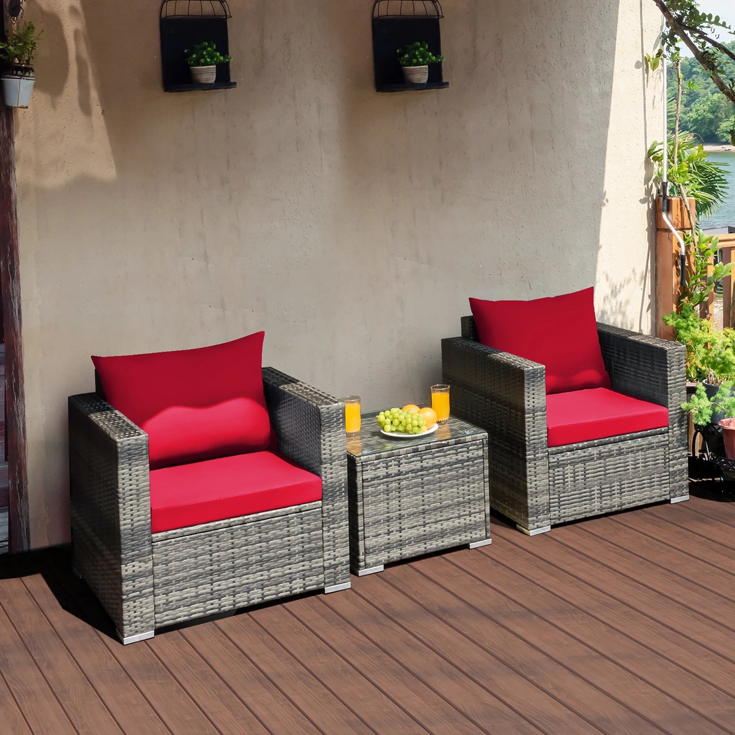 HOMASIS 3 Piece Patio Rattan Bistro Set Cushioned Seating