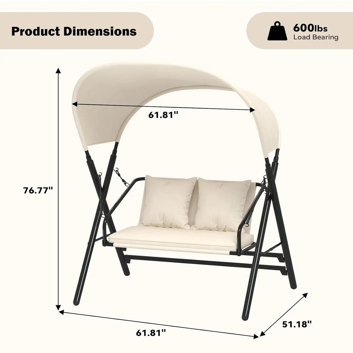 Outdoor Porch Swing Chair With Canopy Two Seat Steel Frame