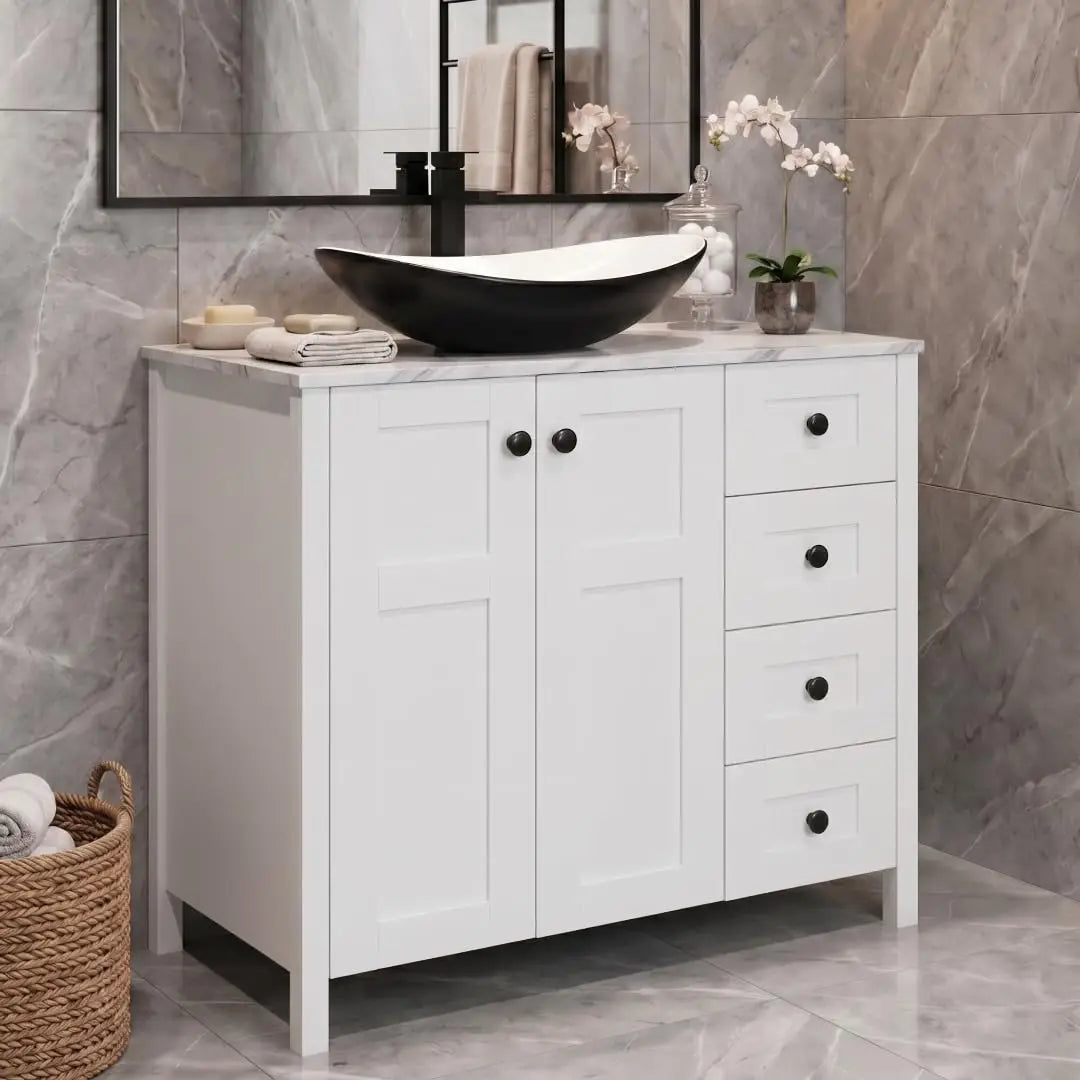 Minimalist Bathroom Vanity With Marble Texture And Ceramic Sink