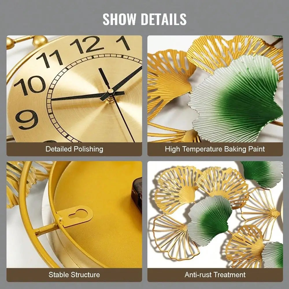 Ginkgo Leaf Silent Wall Clock 3D Metal Design Home Office