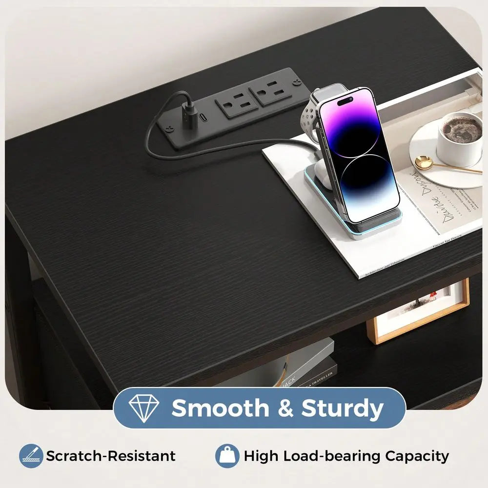 Nightstand With Charging Station And Fabric Drawer Bedside Table