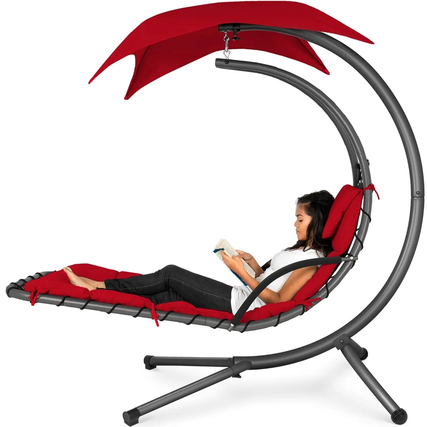 Outdoor Hanging Steel Chaise Lounge Chair With Swing Canopy Pillow