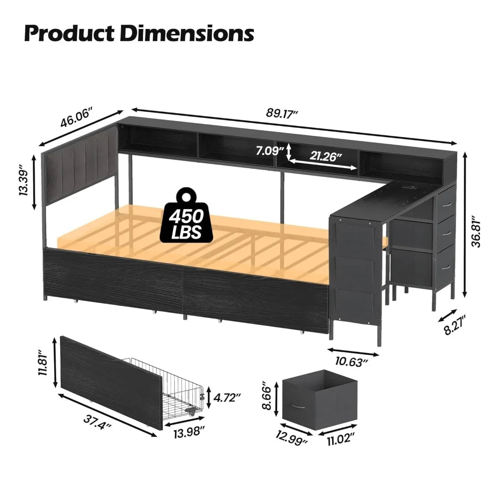 Corner Bed Frame With Storage And LED Lights Charging Station