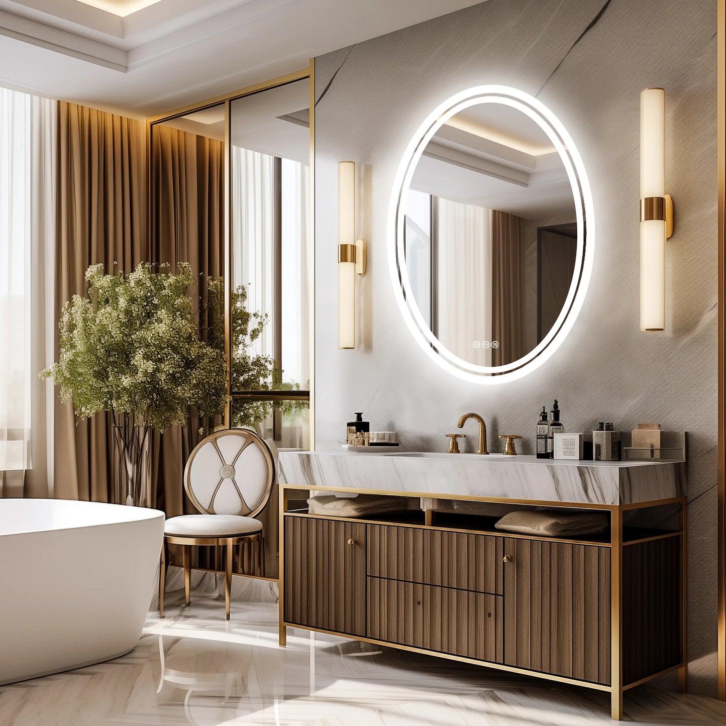 LED Backlit Round Vanity Mirror Wall Mounted Anti Fog Dimmable