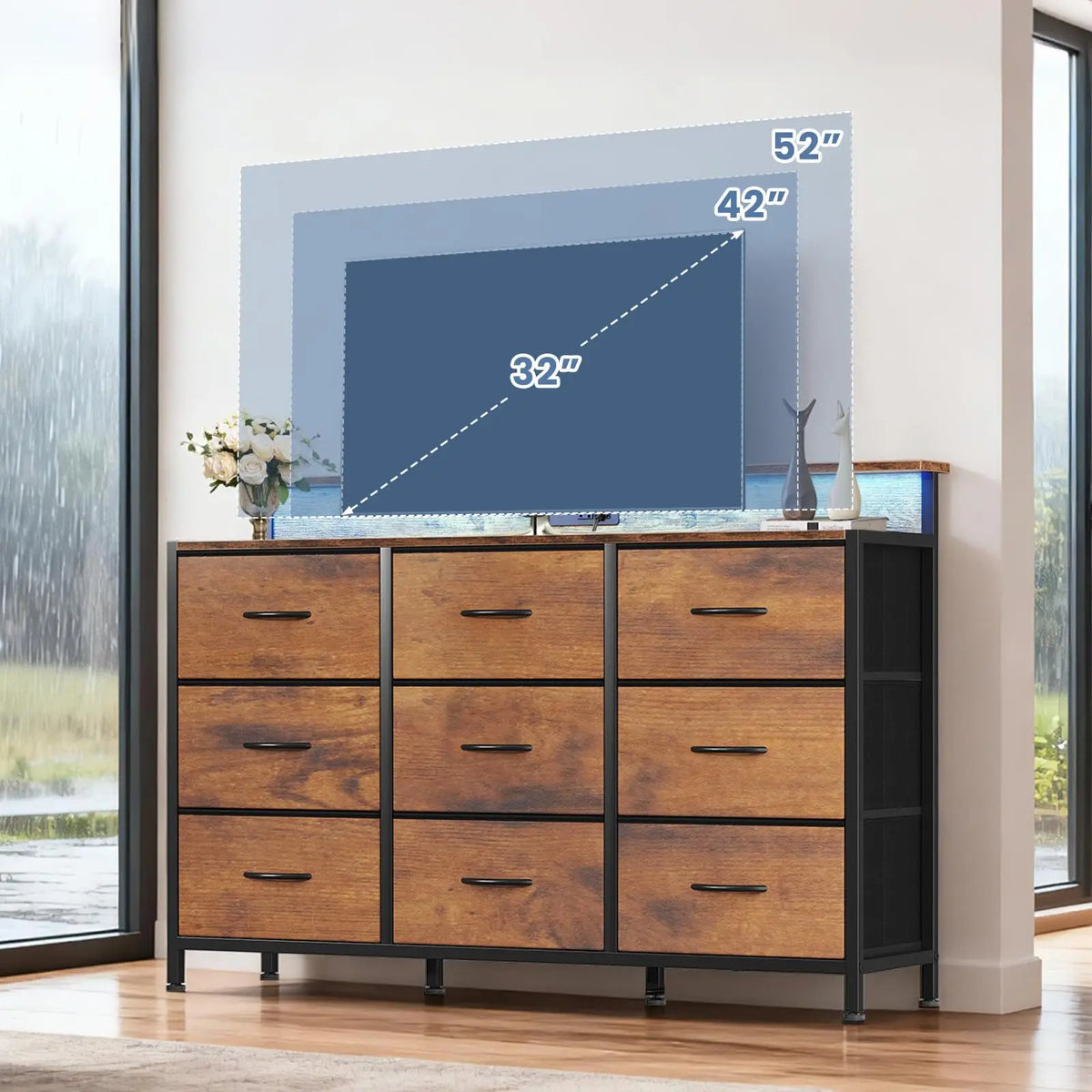 JHK Modern Media Console With Fabric Drawers And Wood Top