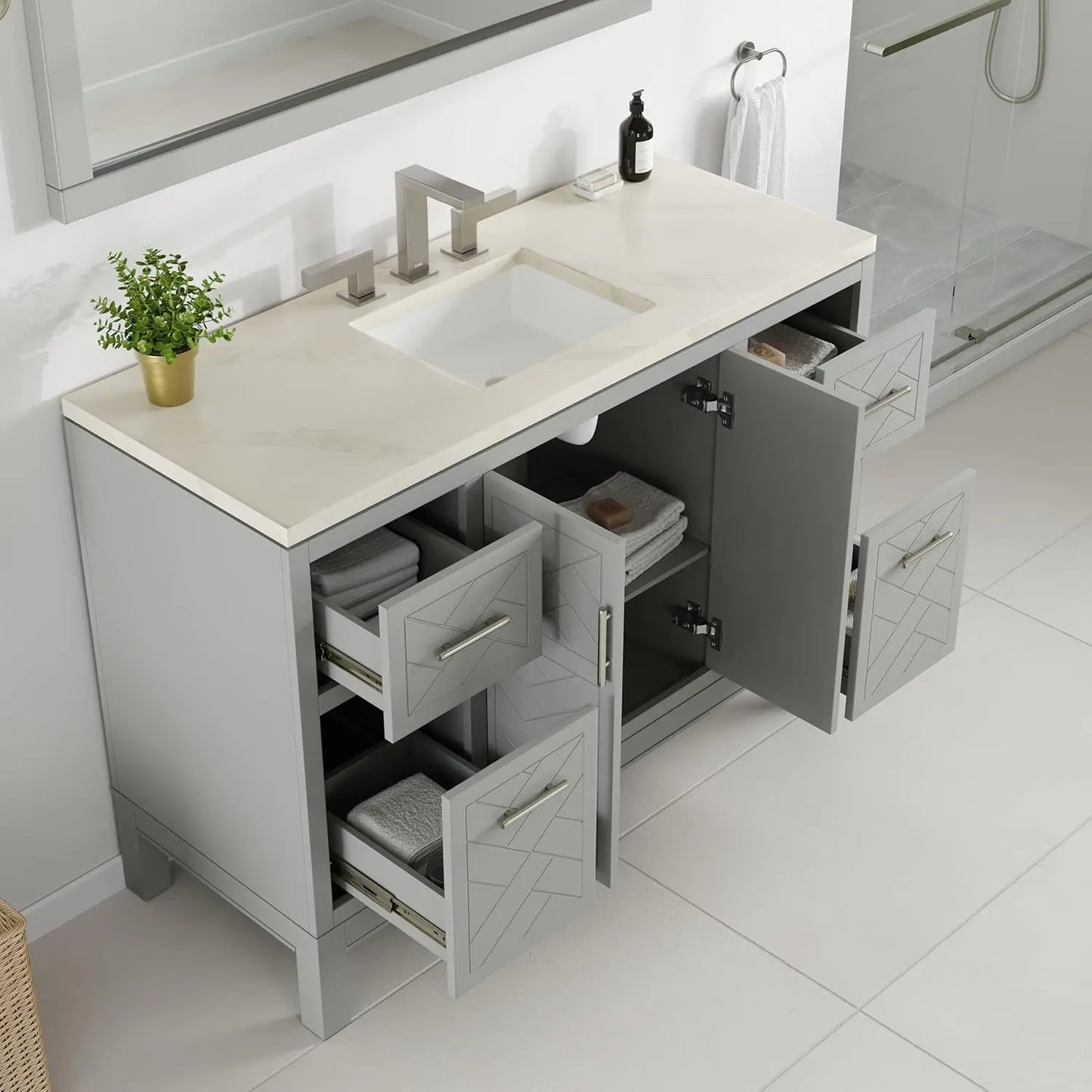 Marble Wood Vanity With Quartz Countertop And Undermount Porcelain Sink