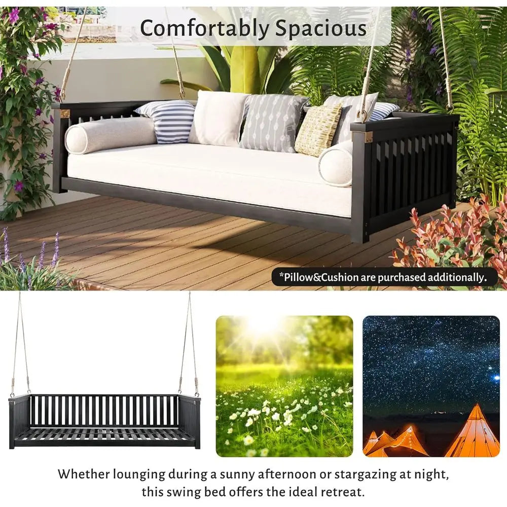 Patio Swing Bed Wooden Twin With Ropes For Garden