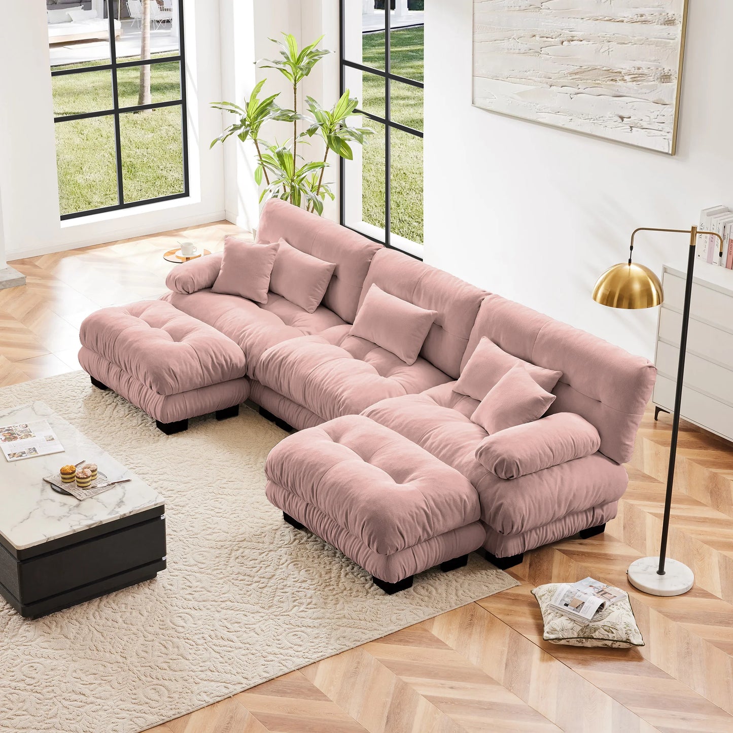 Chenille Modular Sectional Sofa Couch With Ottomans