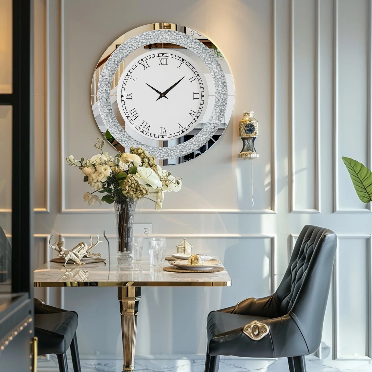 Round Mirror Wall Clock Crystal Sparkle Bling Living Room