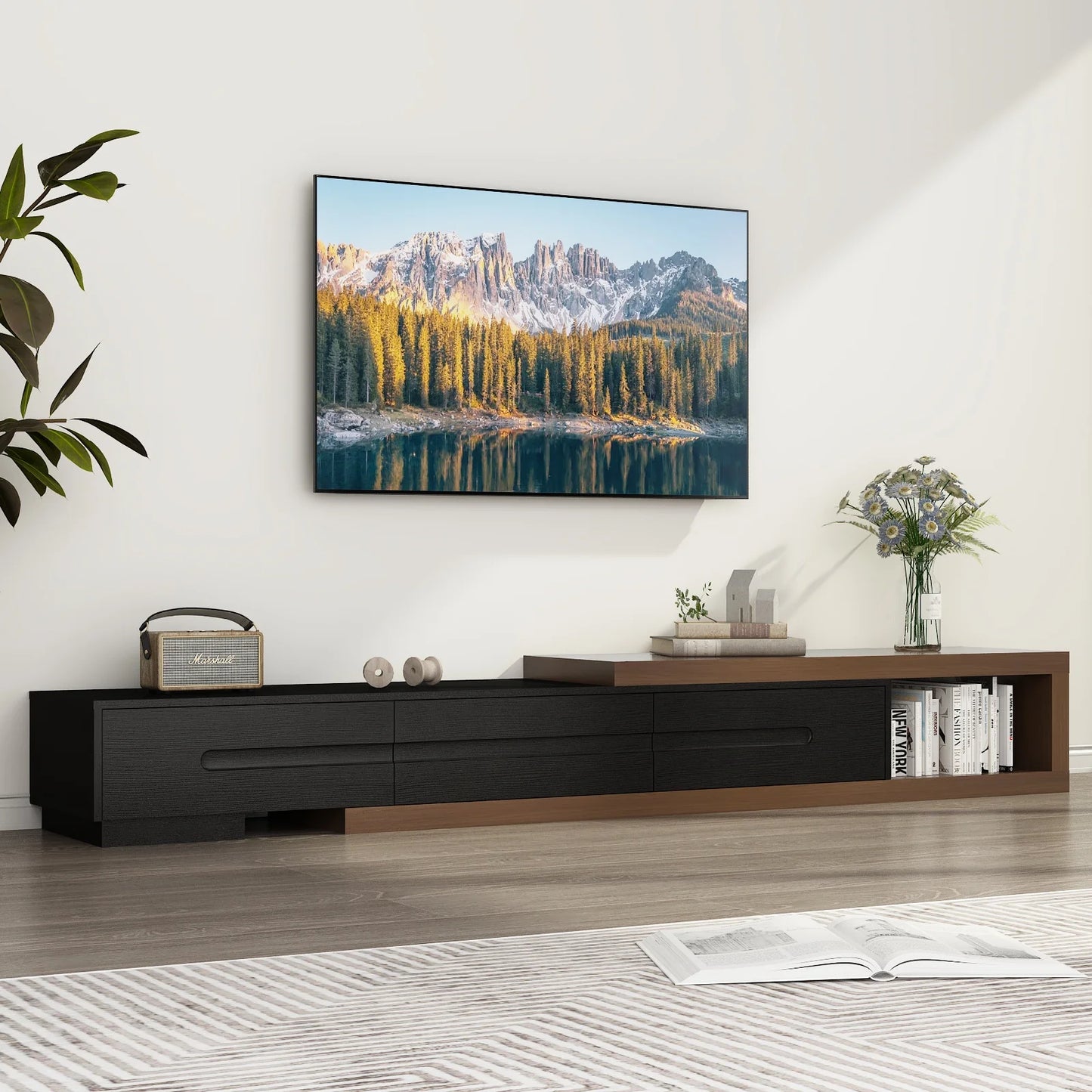 QiaoShiRen Extendable TV Stand Wood Reversible Media Console With Drawers