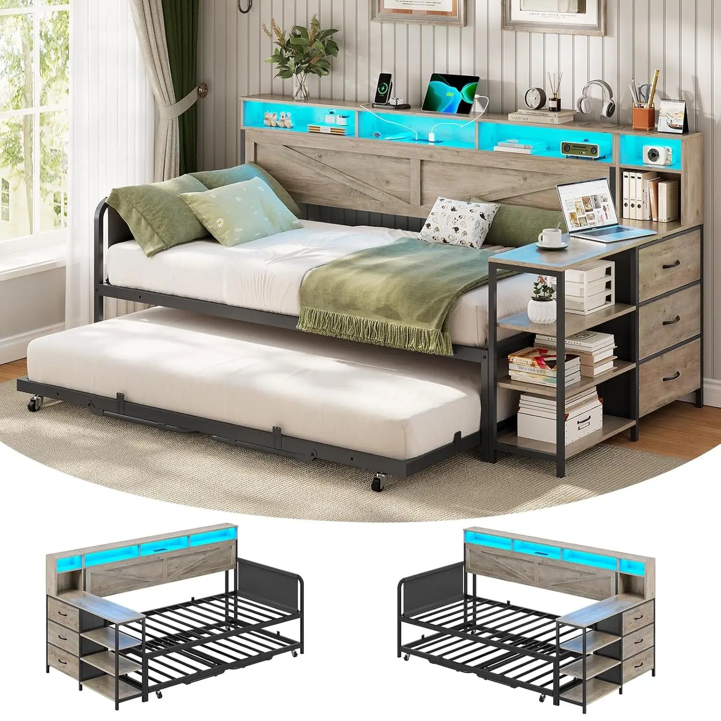 Daybed Twin With Pop Up Trundle Farmhouse Wooden Frame