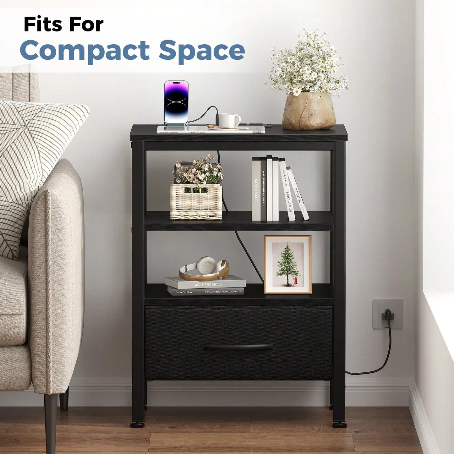 Nightstand With Charging Station And Fabric Drawer Bedside Table