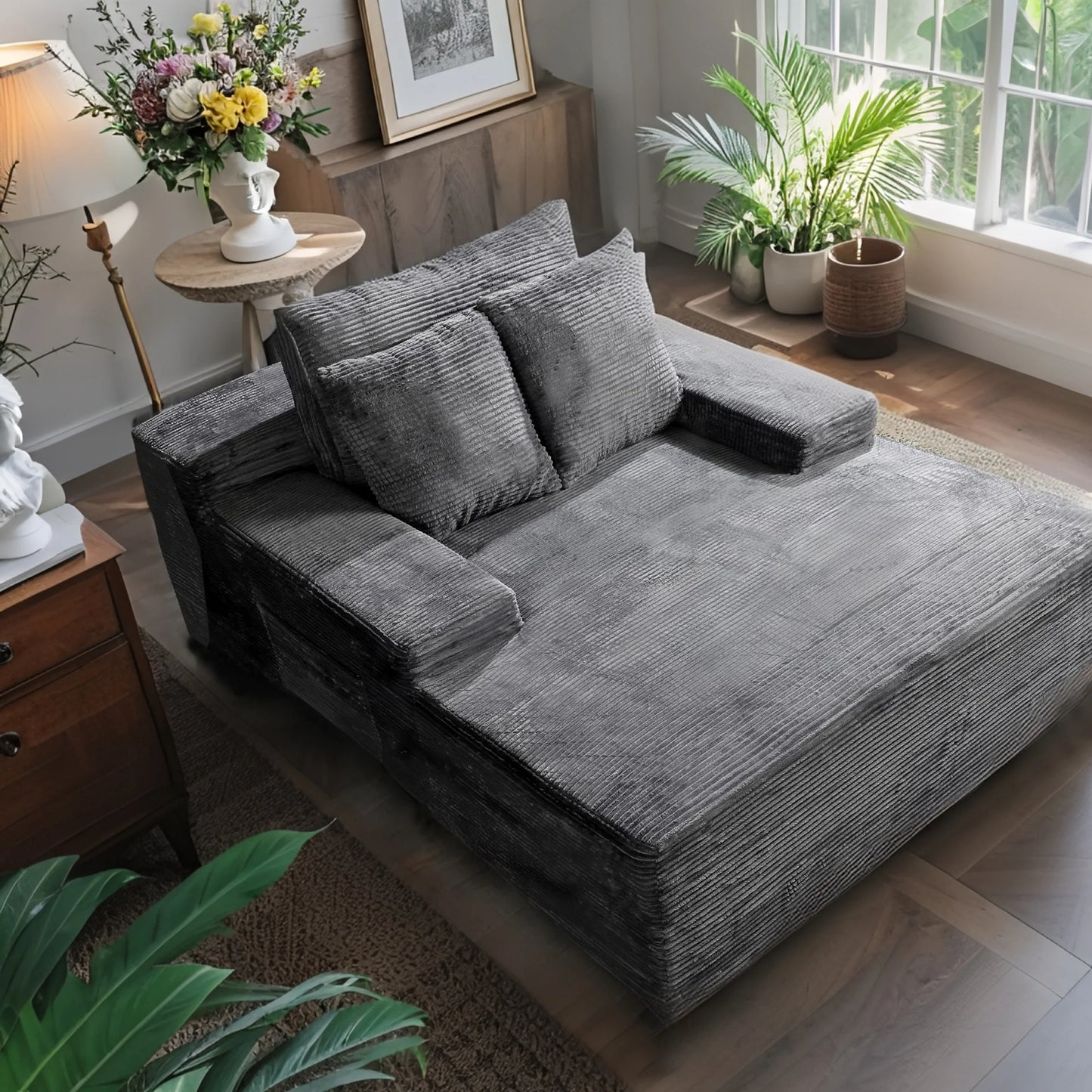 Modern Corduroy L Shaped Sectional Sofa With Storage And Pillows
