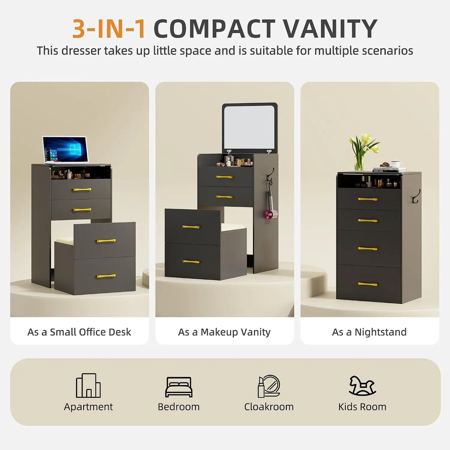 3-in-1 Vanity Desk With Flip Mirror Glass Desktop Premium