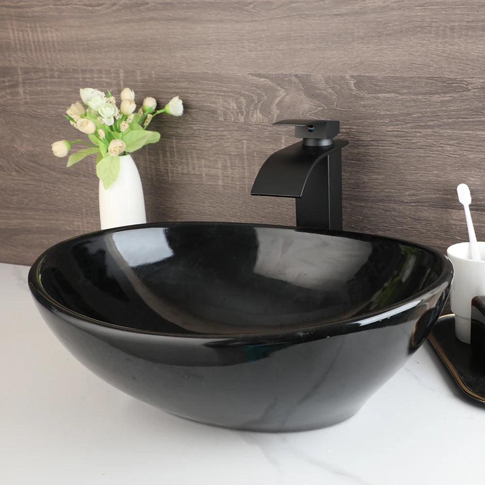 YANKSMART Ceramic Vessel Sink Oval Above Counter With Faucet Drain